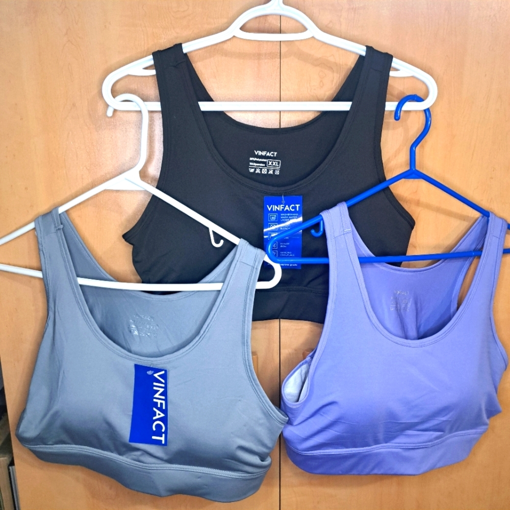 Women's set of 3 Vinfact Sports Bras XXL Black, Purple, and Grey